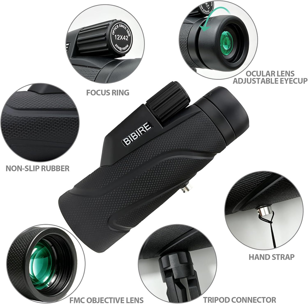 BIBIRE 12X42 Monocular Telescope for Adults High Powered Bird Watching