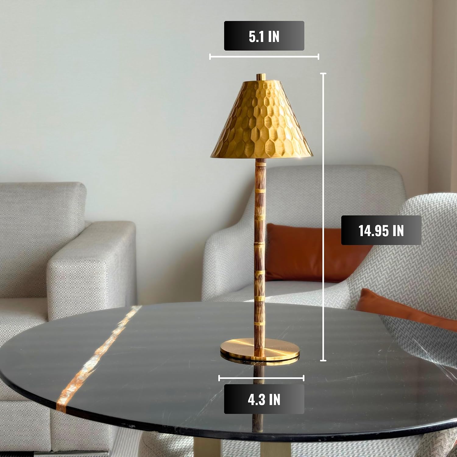 Bamboo Cordless LED Table Lamp – Rechargeable 24-Hour Battery, Dimmable Warm Light, Portable Wireless Lamp with Remote for Indoor/Outdoor Use, Home, Patio, Restaurant – (TEXTURED GOLD), 14.76" Tall