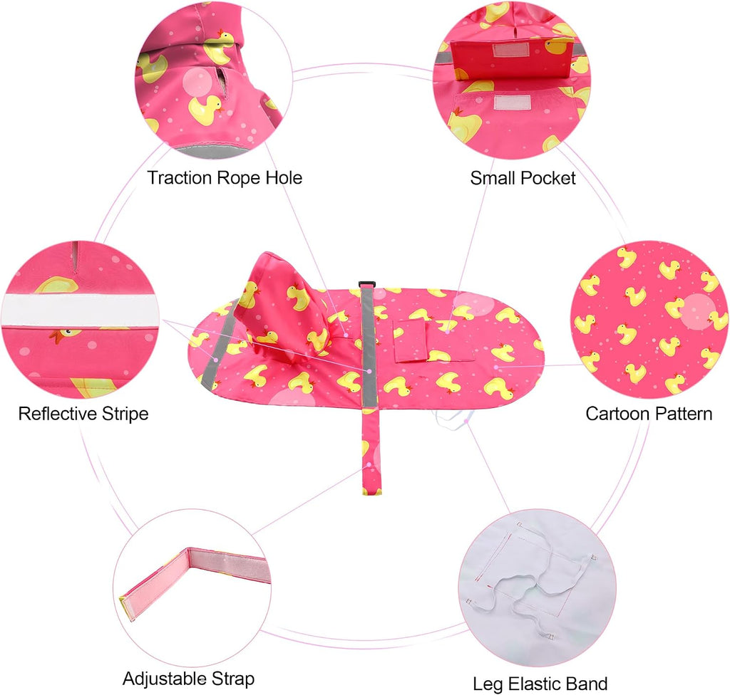 DELIFUR Large Dog Raincoat- Waterproof Dog Rain Poncho Adjustable Double Layer Rain Jacket with Hood for Medium Large Dogs Designed with Leash Hole Reflective Strip and Ducks (Pink Duck, Large)