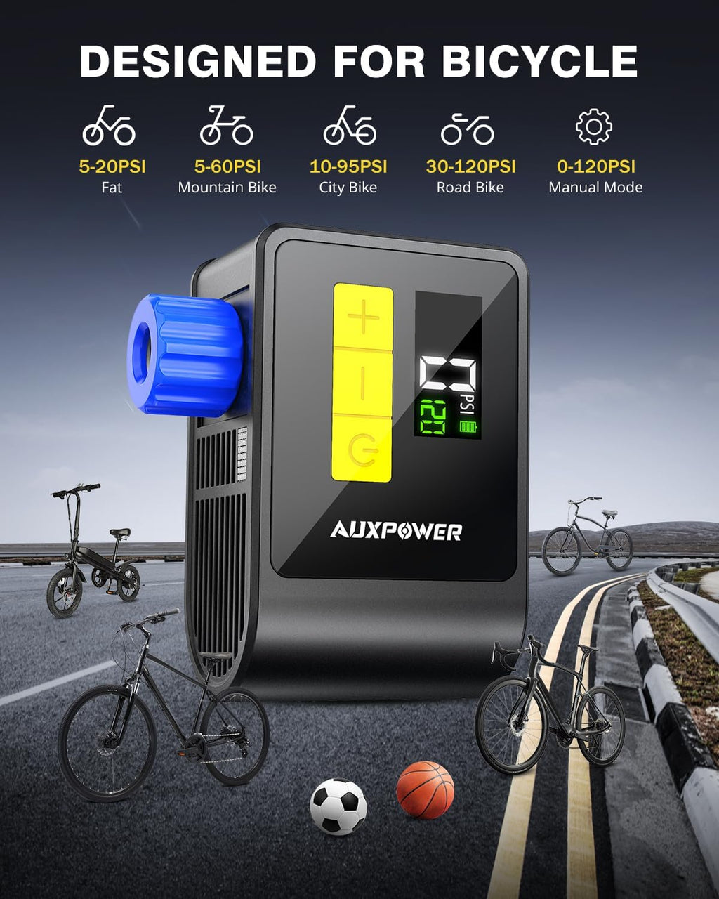 Auxpower BL03 Bicycle Pump with Pressure Gauge, 120PSI Electric Bike Pump with Presta and Schrader Valve, Auto Stop, Outdoor Camping Cycling Pump for Road, Mountain, E-Bike and Sports Balls