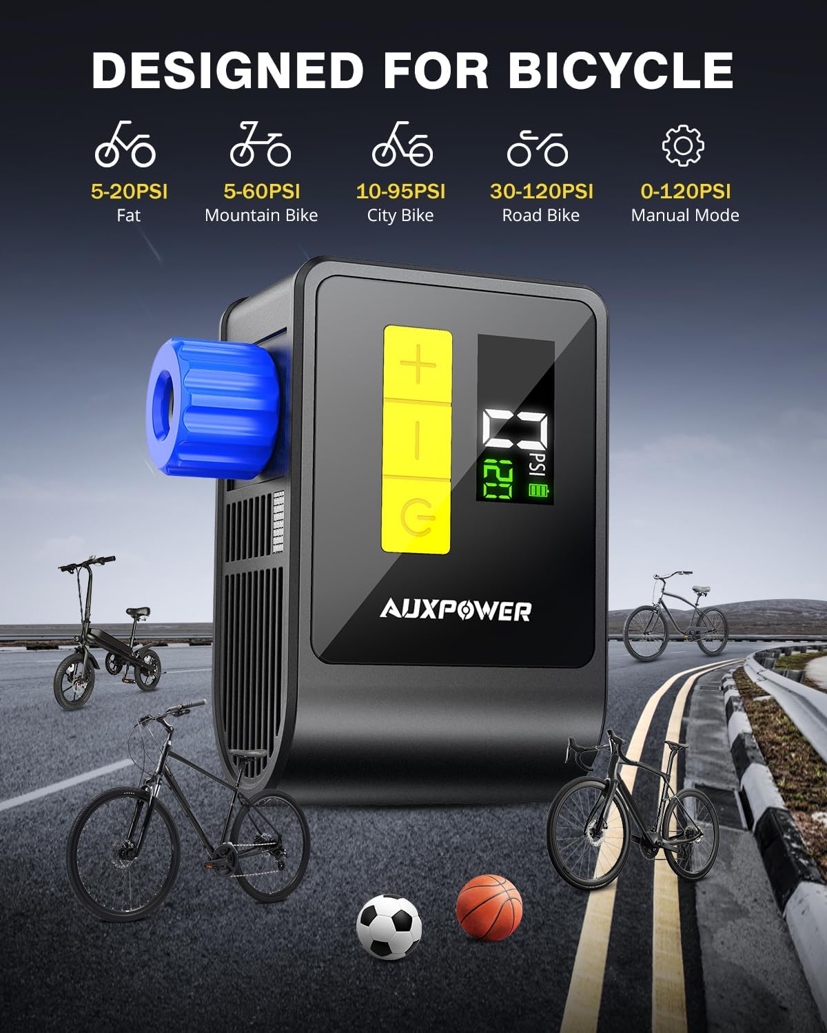Auxpower BL03 Bicycle Pump with Pressure Gauge, 120PSI Electric Bike Pump with Presta and Schrader Valve, Auto Stop, Outdoor Camping Cycling Pump for Road, Mountain, E-Bike and Sports Balls