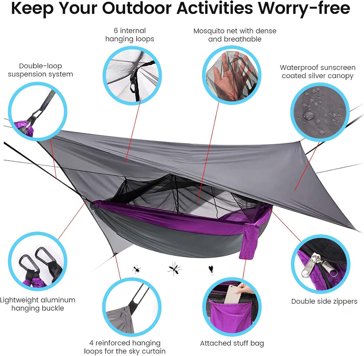 Camping Hammock with Mosquito Net & Rain Fly Tent Tarp & Tree Straps Portable Strong Nylon Hammock Tent w/Storage Bag for Camping Hiking Backyard Outdoor Backpacking Travel