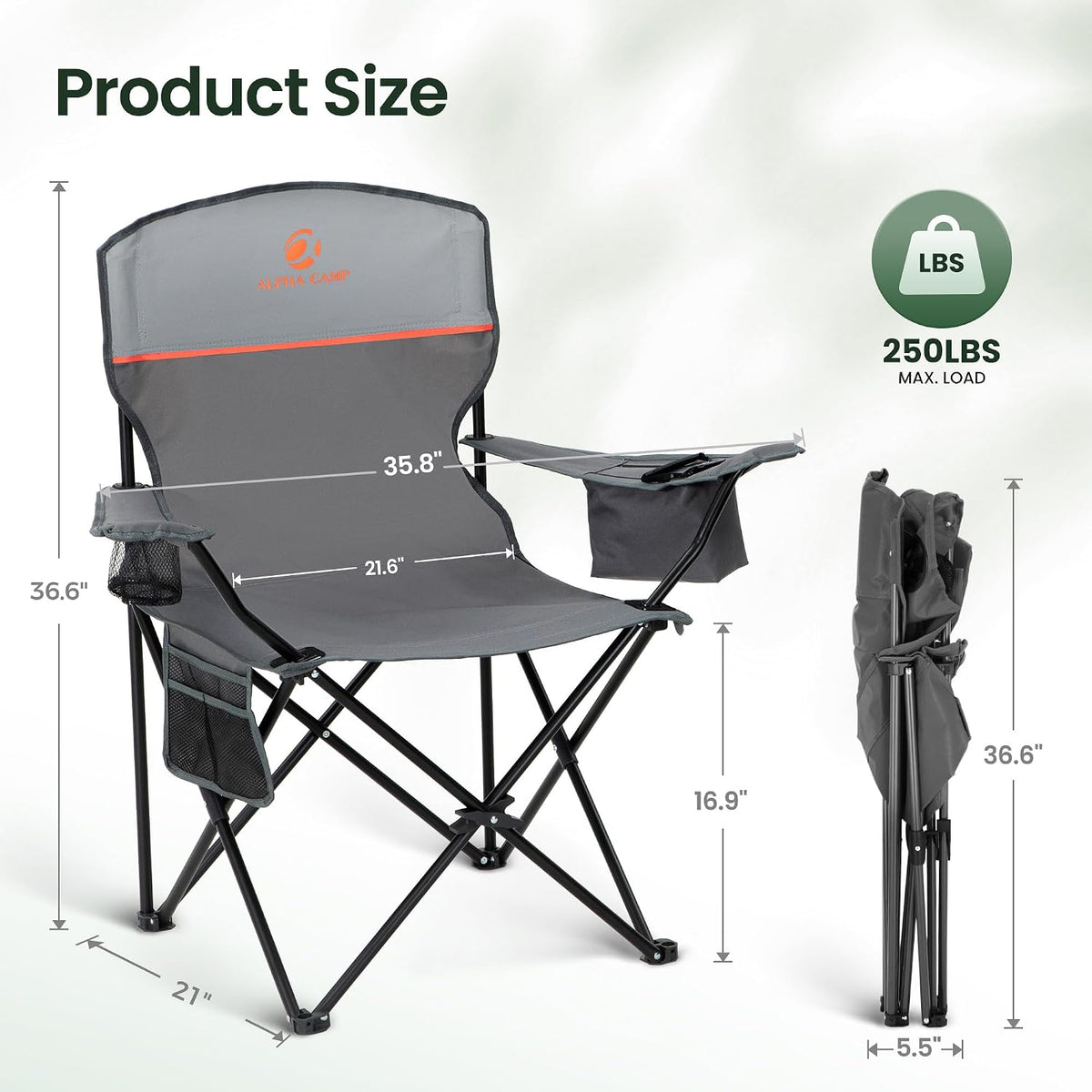 2 Pack Folding Camping Chairs Outdoor Lawn Chair Support 250lbs Gray