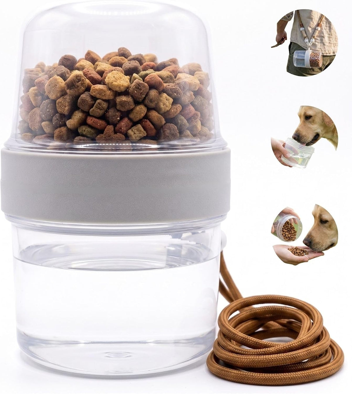 Portable Pet Travel Water Bottle and Food Container - 2-in-1 Detachable Dog Travel Cup for Walking, Hiking and Traveling - Leak-Proof, BPA Free & Food Grade Safety Material (Gray, Small Size)