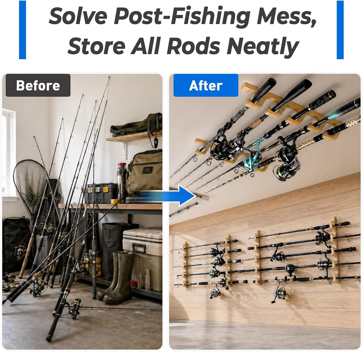 PLUSINNO H5W Solid Wood Fishing Rod Holder, Horizontal Wall & Ceiling Mount Fishing Pole Holders for Garage Storage, Holds 5Rods, Combos and Fishing Nets（Natural Wood,1pack）
