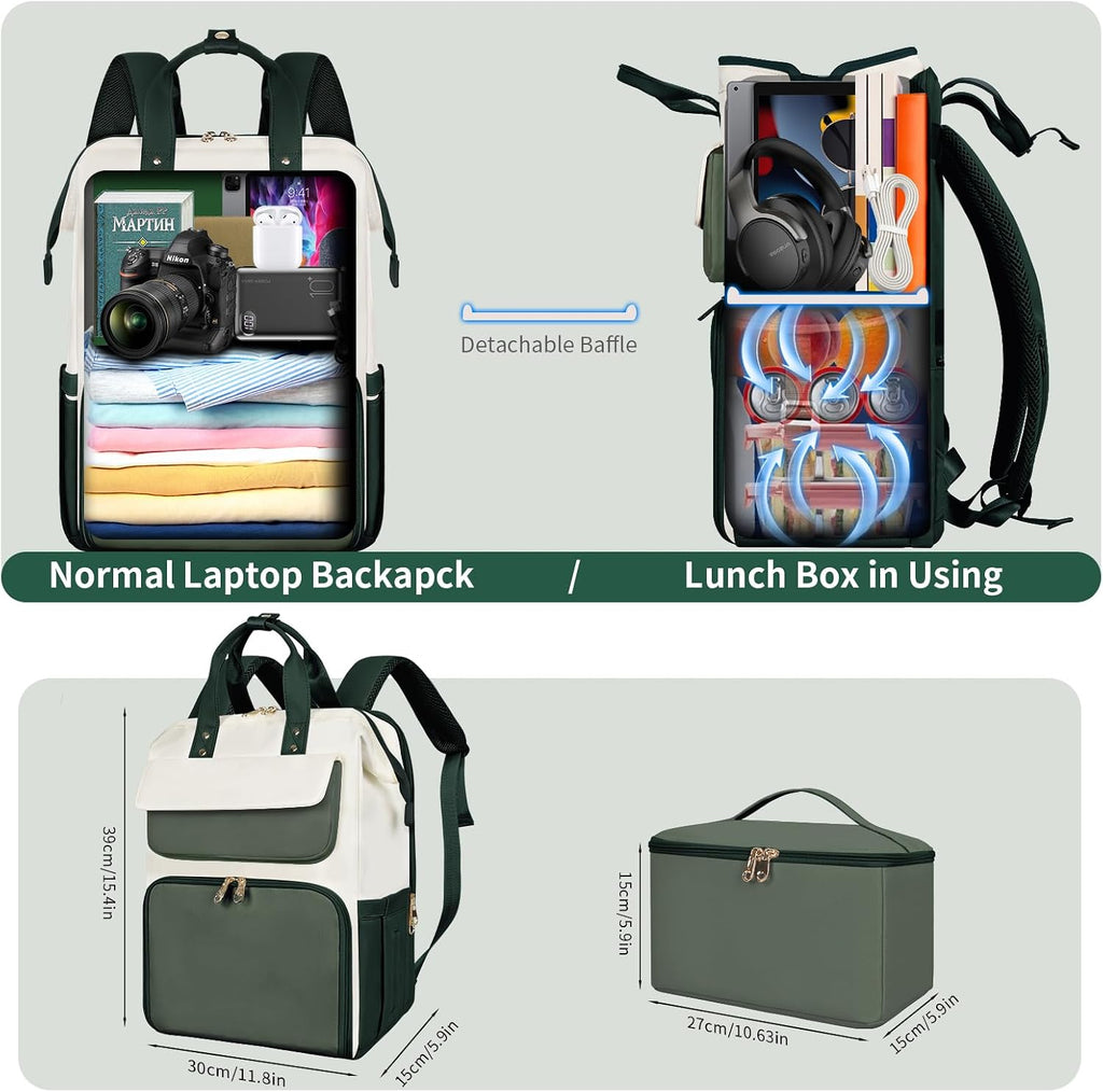 BERTASCHE Lunch Backpack for Women, 15.6 Inch Laptop Backpack with Insulated Cooler Lunch box, Nurse Backpack for Teacher Work Travel College Picnic,Green-Beige