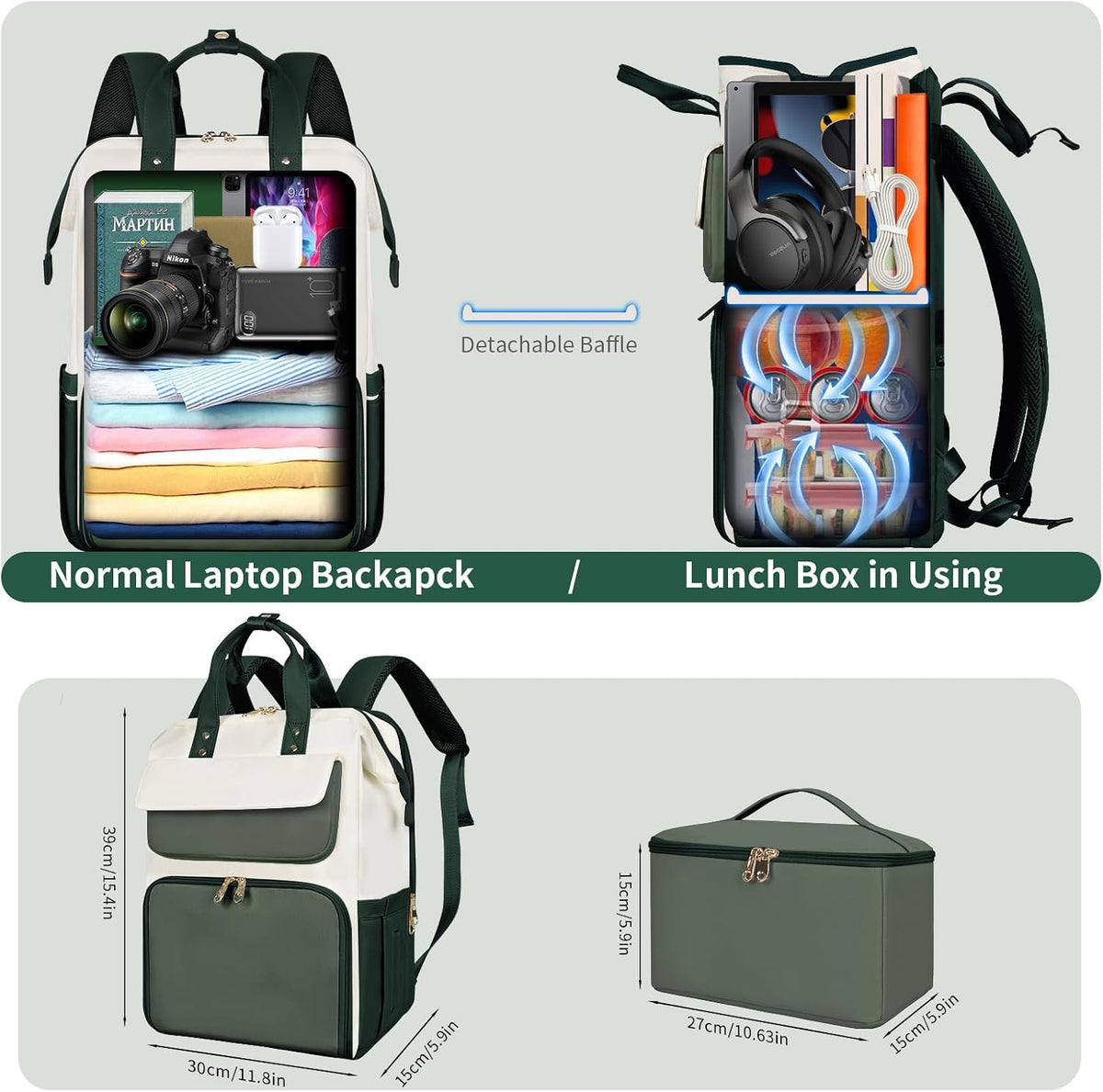 BERTASCHE Lunch Backpack for Women, 15.6 Inch Laptop Backpack with Insulated Cooler Lunch box, Nurse Backpack for Teacher Work Travel College Picnic,Green-Beige
