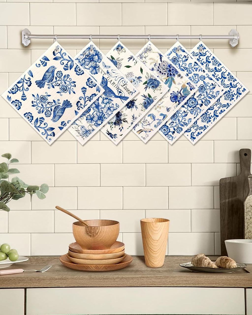 Miss Adola 6 Pack Swedish Dishcloths for Kitchen - Reusable Dish Cloths for Washing Dishes Absorbent Cute Funny Kitchen Towels Cleaning Sponge, Blue Floral