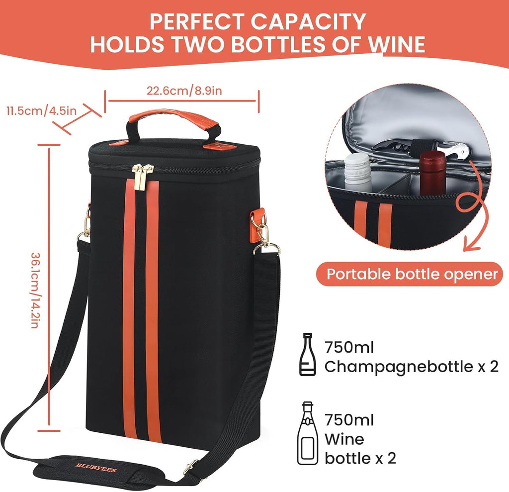 BLUBYEES 2-Bottle Insulated Wine Carrier Tote - Leakproof Padded 900D Oxford Wine Cooler Bag for Travel, Picnics, Beach & Parties - Ideal Wine Gift for Wine Lovers