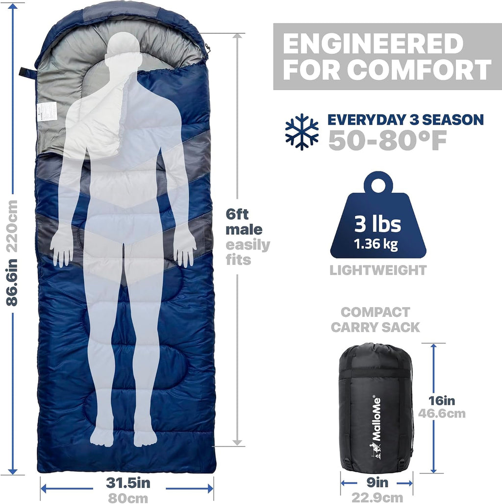 MalloMe Sleeping Bags for Adults Cold Weather & Warm - Backpacking Camping Sleeping Bag for Kids, Girls, Boys - Lightweight Camping Essentials Gear Accessories Hiking Sleep Must Haves Single & Double