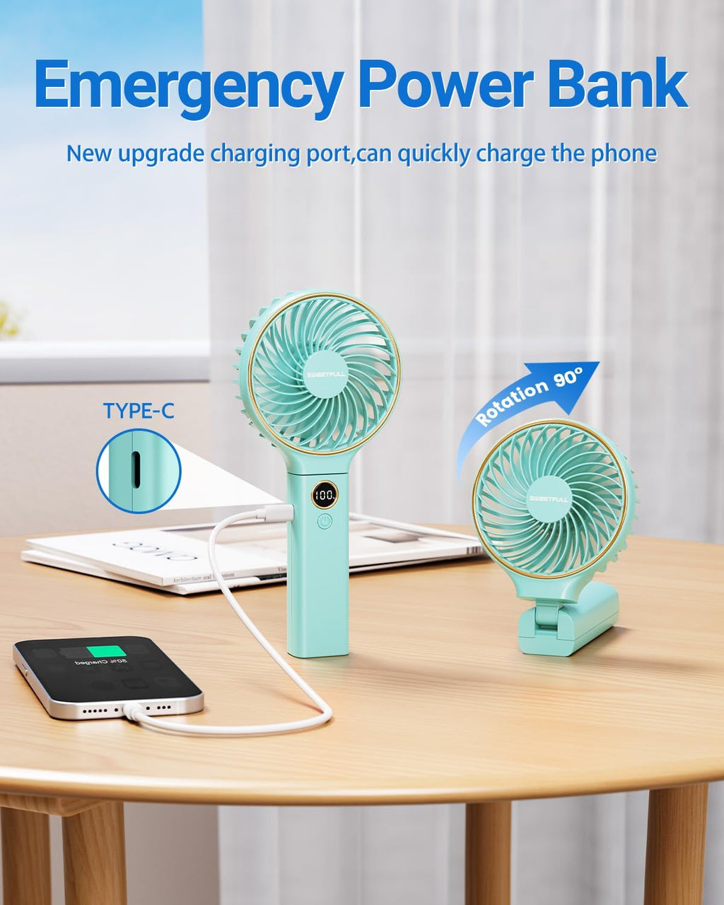 SWEETFULL Handheld Fan, Portable Fan, 5000mAh Rechargeable Battery, 6 Speed Wind, LED Display, Personal Mini Travel Fan with Backup Power, Hand Held Fan USB Foldable Electric Fan for Women Girl