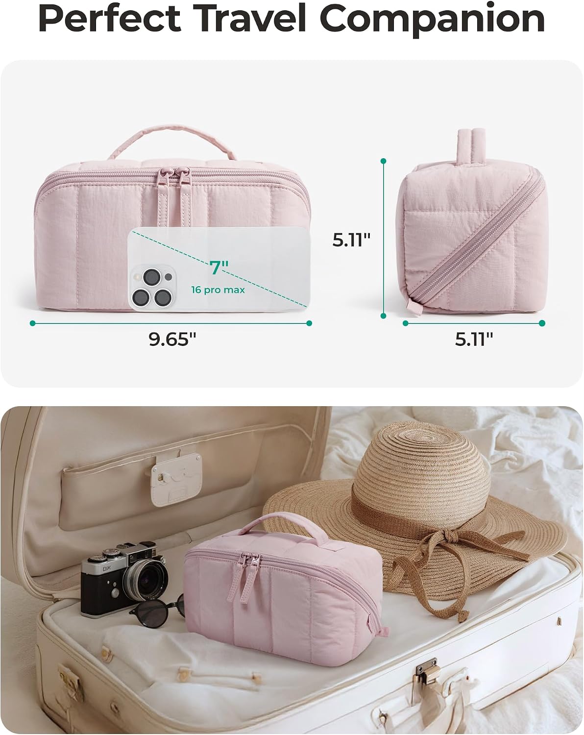 BAGSMART Puffy Travel Makeup Bag Toiletry Bag for Women, Pink