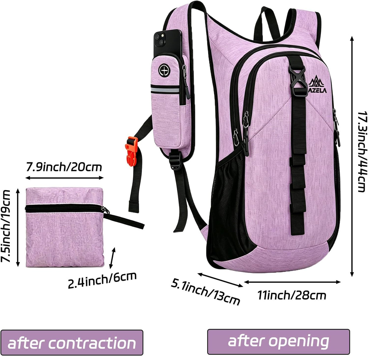 15L Small Hiking Backpack Foldable Ultralight Trekking Camping Outdoors Backpack for Women Men (Purple)