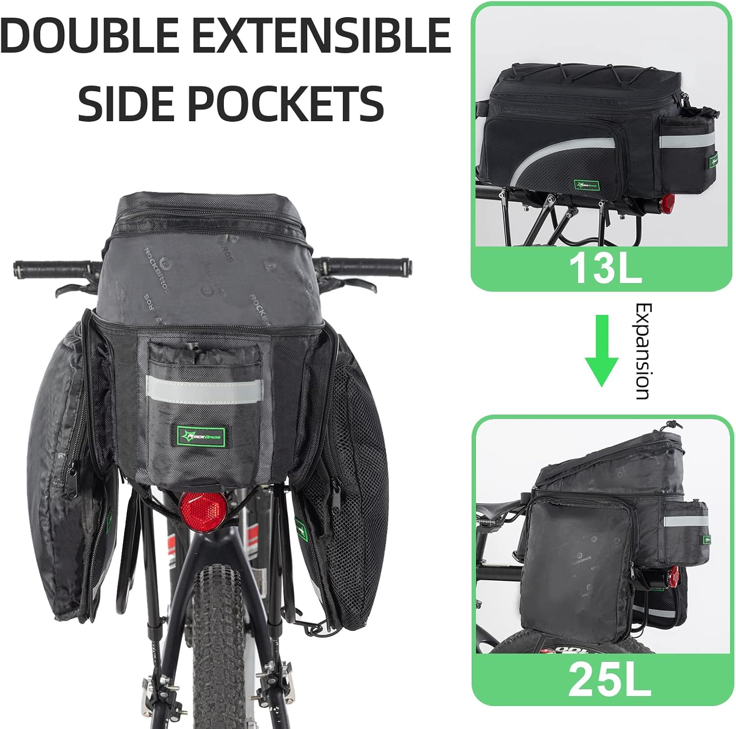ROCKBROS Bike Trunk Bag 13L-25L Bike Rear Rack Bag Expandable Side Pockets