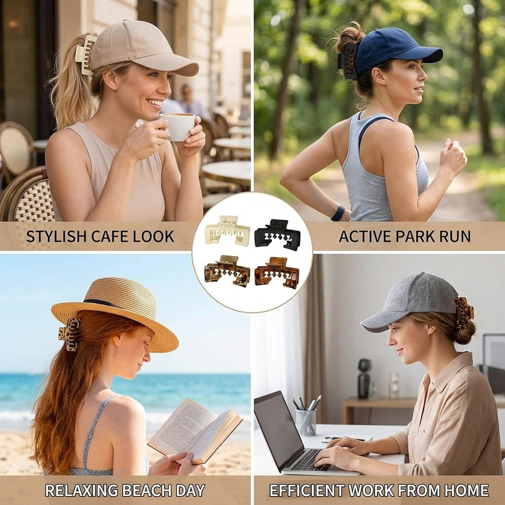 Hat Claw Clips for Women, 4-Piece Set with Four Color Options, Secure Baseball Cap Hair Accessories, Durable PVC Material for Active Lifestyles, Ideal for Sports and Outdoor Activities