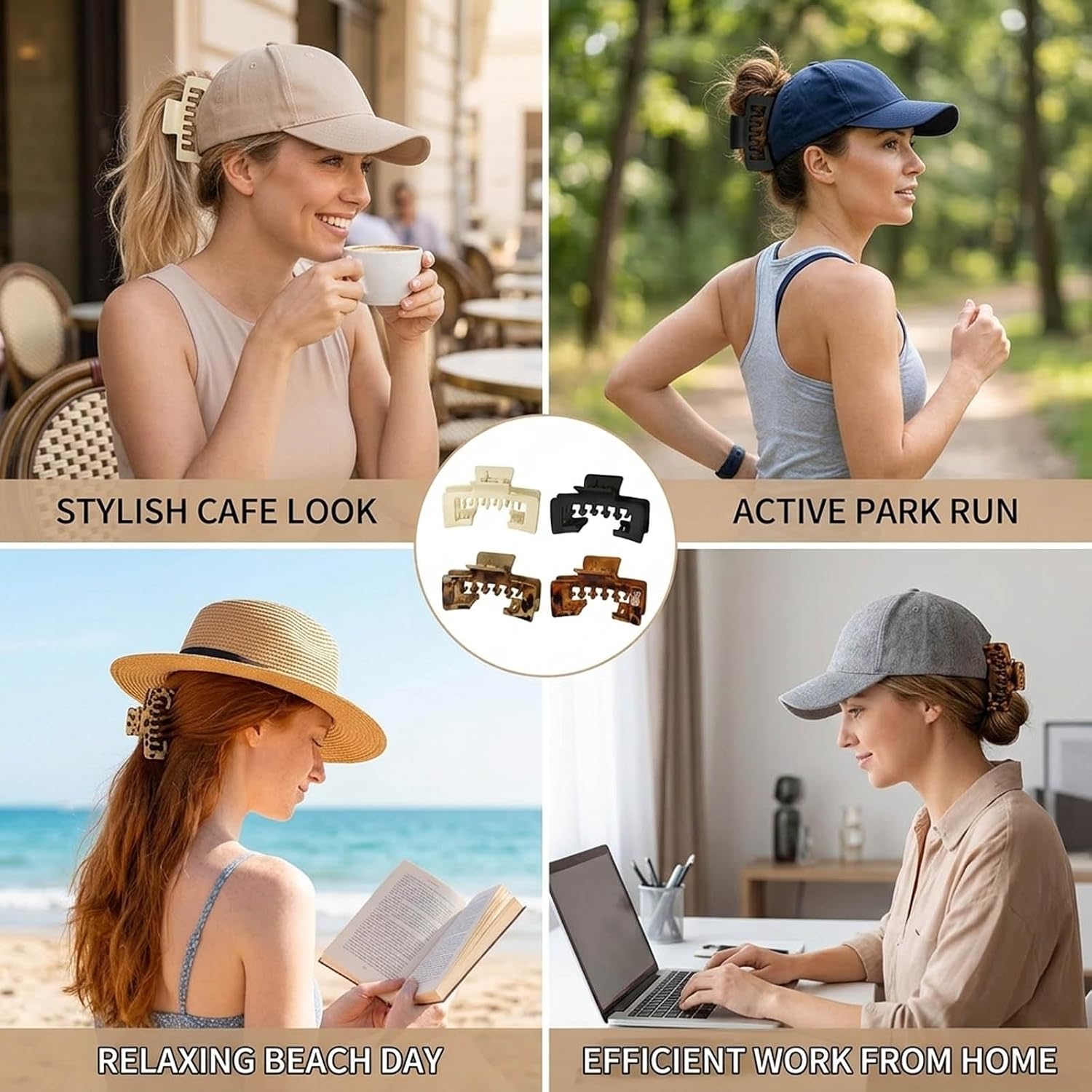 Hat Claw Clips for Women, 4-Piece Set with Four Color Options, Secure Baseball Cap Hair Accessories, Durable PVC Material for Active Lifestyles, Ideal for Sports and Outdoor Activities