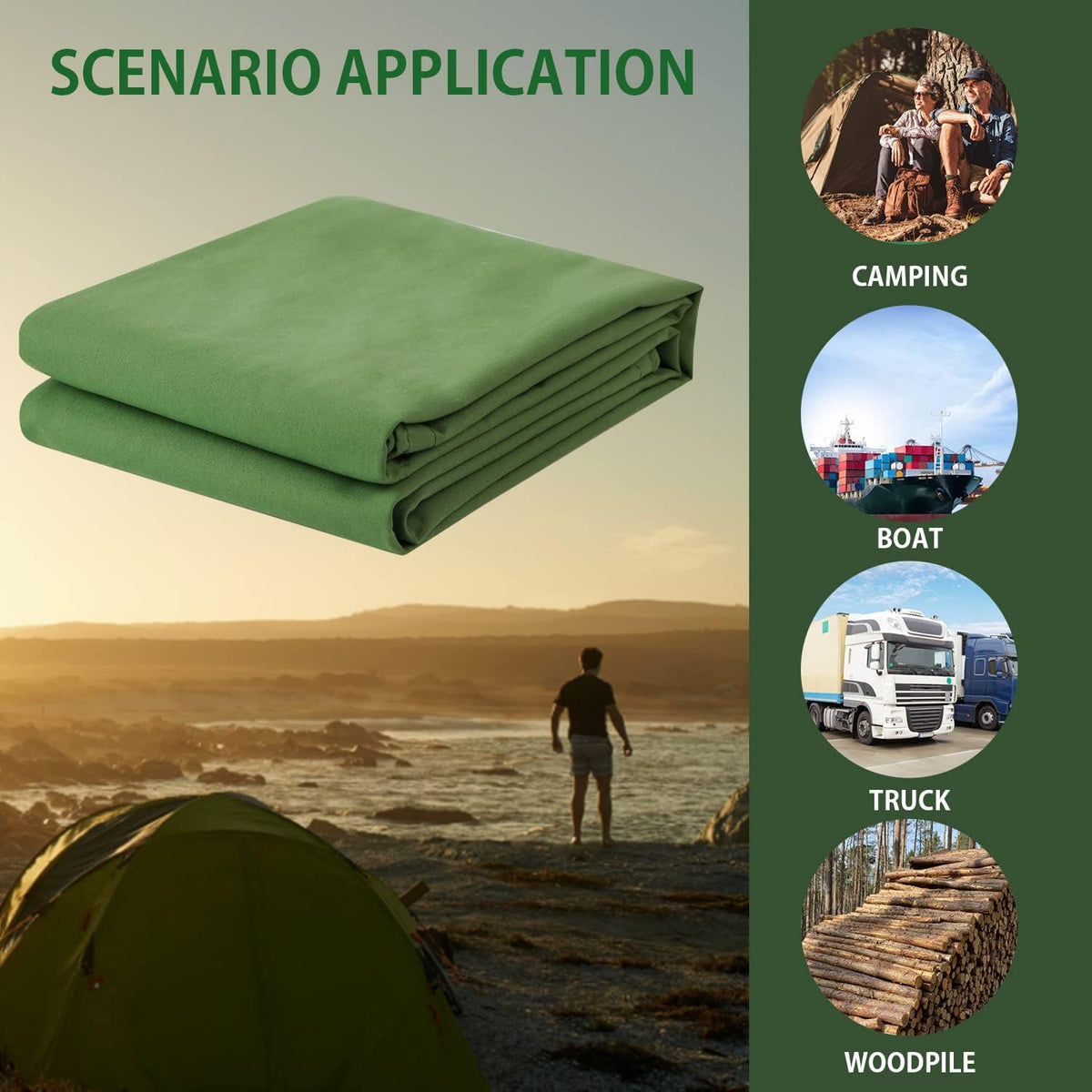 FoundGo Canvas Tarp 10x12ft Heavy Duty Waterresistant Tarps with Grommets, UV Resistant, 22 Mil Tarpaulin,14 oz Durable Cloth Covers for Car, Roof, Boat, Camp, Canopy, Woodpile with Ropes-Green