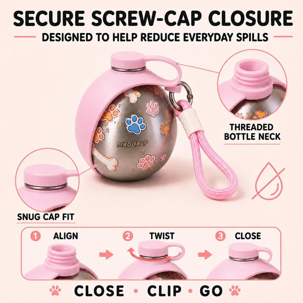 2026 New 2-in-1 Dog Water Bottle Portable, 10 Ounce Stainless Steel Dog Water Bottle, Travel Dog Water Bottle with Foldable Silicone Bowl and Water Reflux Design, Suitable for During Walks (Pink)