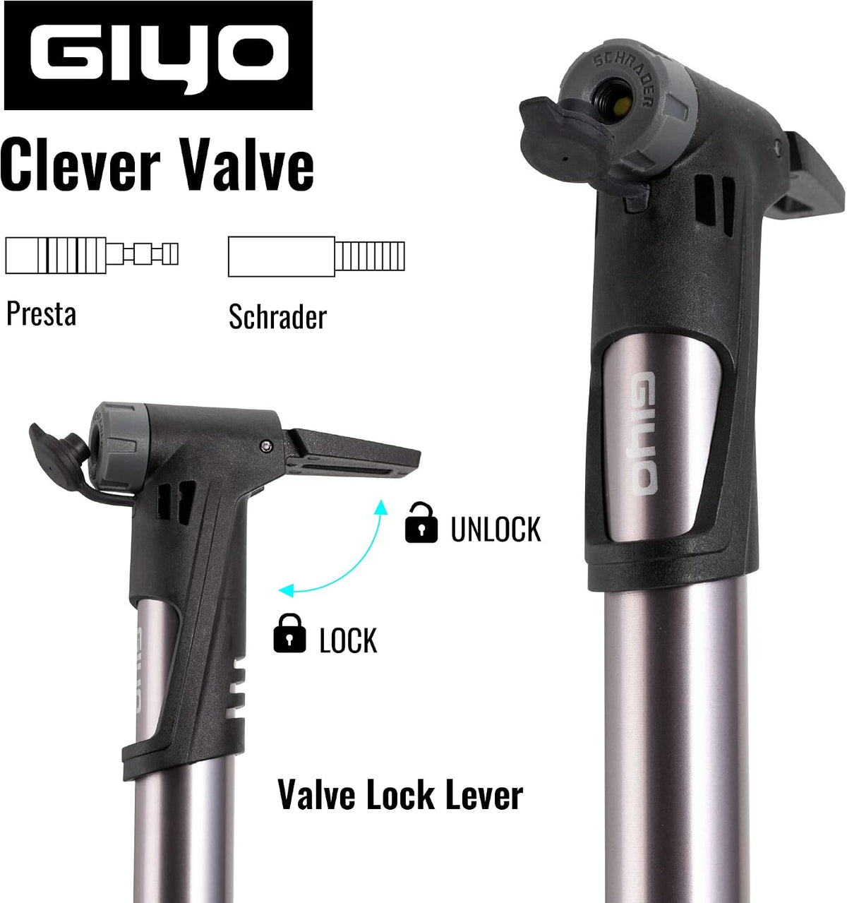GIYO Bike Tire Pump | 2 Stage HP HV 120 PSI Max | Clever Valve Fits Presta & Schrader | for MTB & Road Frame Mounted (GP992) Taiwan Made