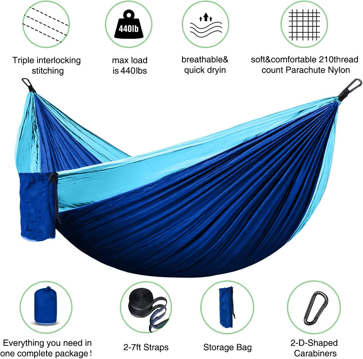 ERUW Hammock Camping, Portable Single/Double Hammocks for Outdoor Hiking Travel Backpacking - 210D Nylon Hammock Swing for Backyard & Garden (Blue/Sky Blue)