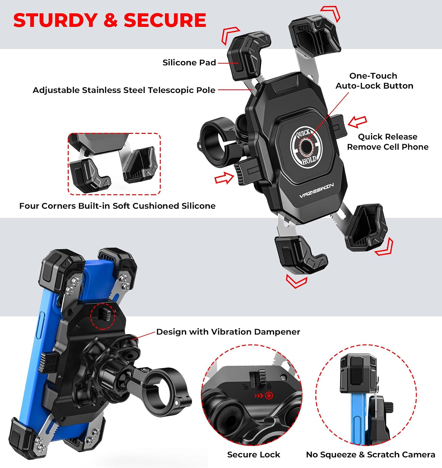 VAZESWIN Motorcycle Bike Phone Mount with Vibration Dampener, 1s Auto Lock