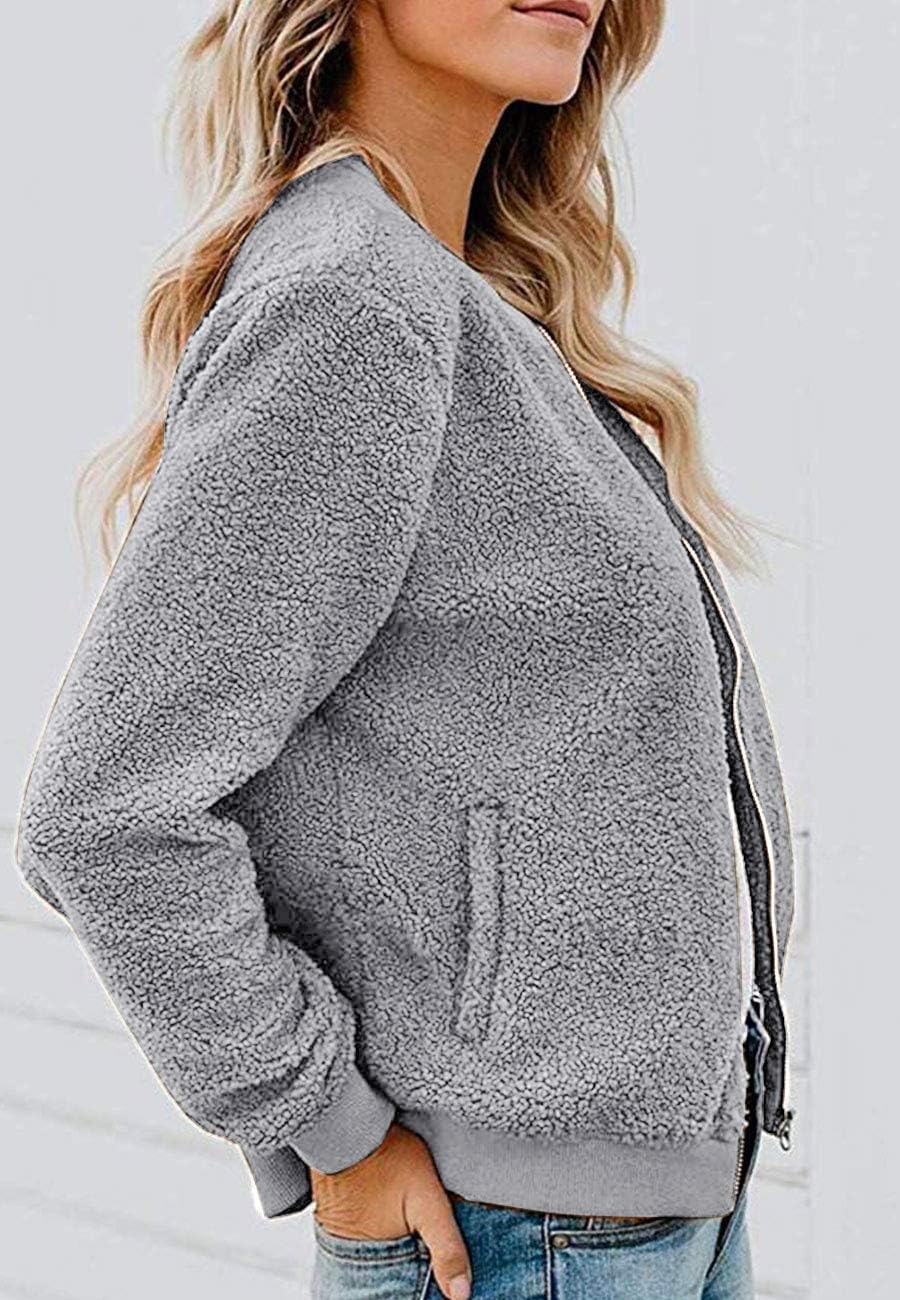 MIROL Women's Fall Fleece Bomber Jacket Trendy Sherpa Winter Coat Fuzzy Casual Long Sleeve Zip Up Loose Fit Jackets