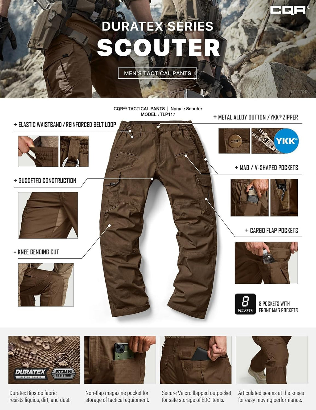 CQR Men's Tactical Pants, Water Resistant Ripstop Cargo Pants, Lightweight EDC Work Hiking Pants, Outdoor Apparel