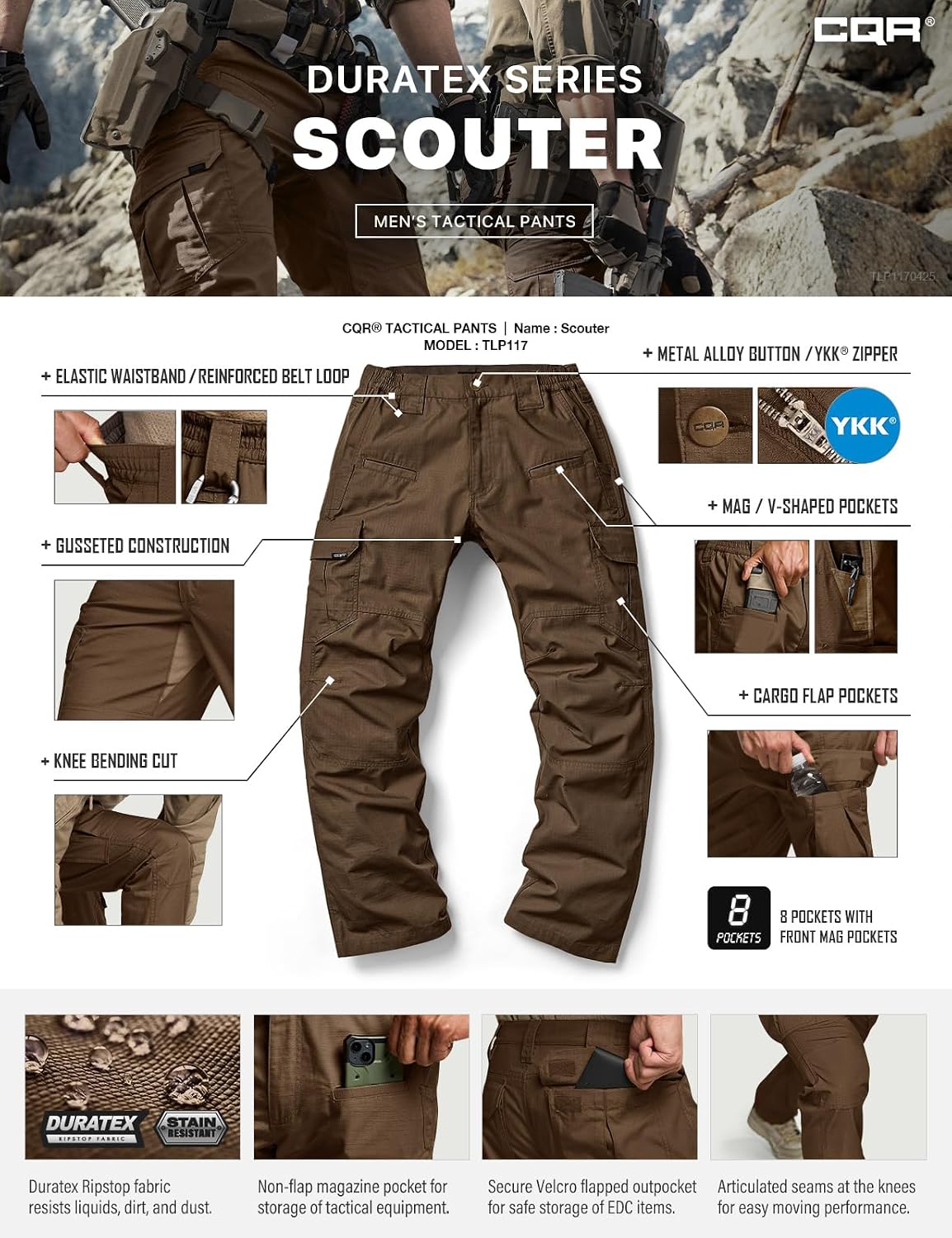 CQR Men's Tactical Pants, Water Resistant Ripstop Cargo Pants, Lightweight EDC Work Hiking Pants, Outdoor Apparel