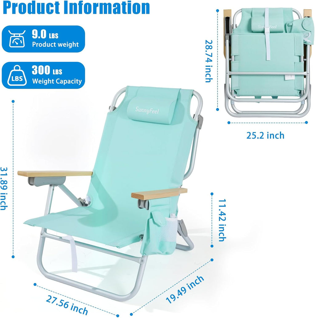 SUNNYFEEL Low Back Folding Beach Chair, Aluminum Heavy Duty Beach Chair with 5-Position, Portable Camping Chair for Adults with Wood Armrest, Lightweight Camping Chair 300lbs, Green