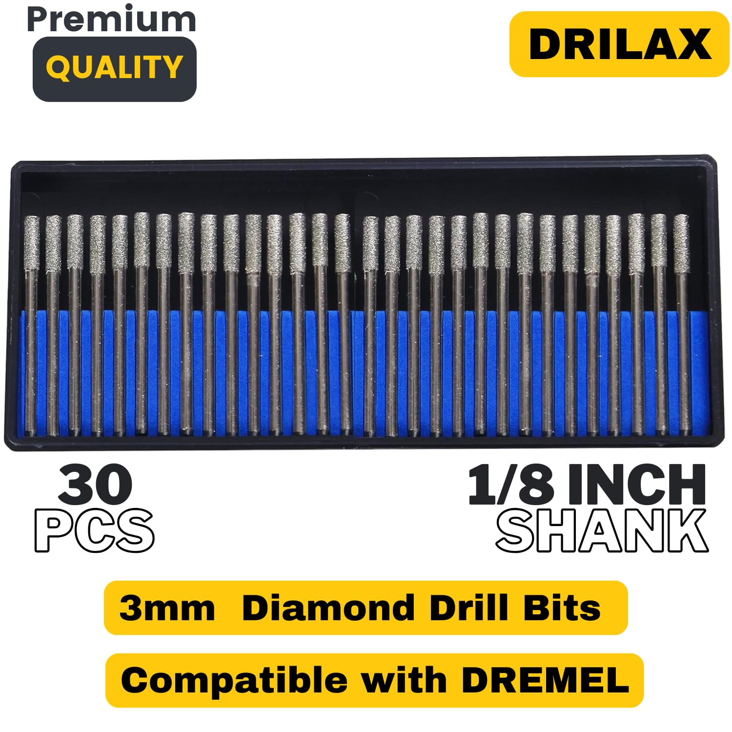 Drilax 3mm Diamond Drill Bits (1/8") 30 pcs Diamond Drill Bits for Stone, Glass, Sea Shells, Gemstones Compatible with Dremel Diamond Tipped Drill Bit Set