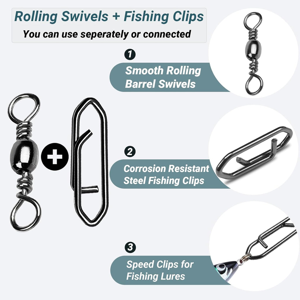 AMYSPORTS Heavy Strength Fishing Snap Stainless Saltwater Freshwater Fishing Swivel Clip Rolling Barrel Fishing Clips Swivels Speed Change Black Nickel