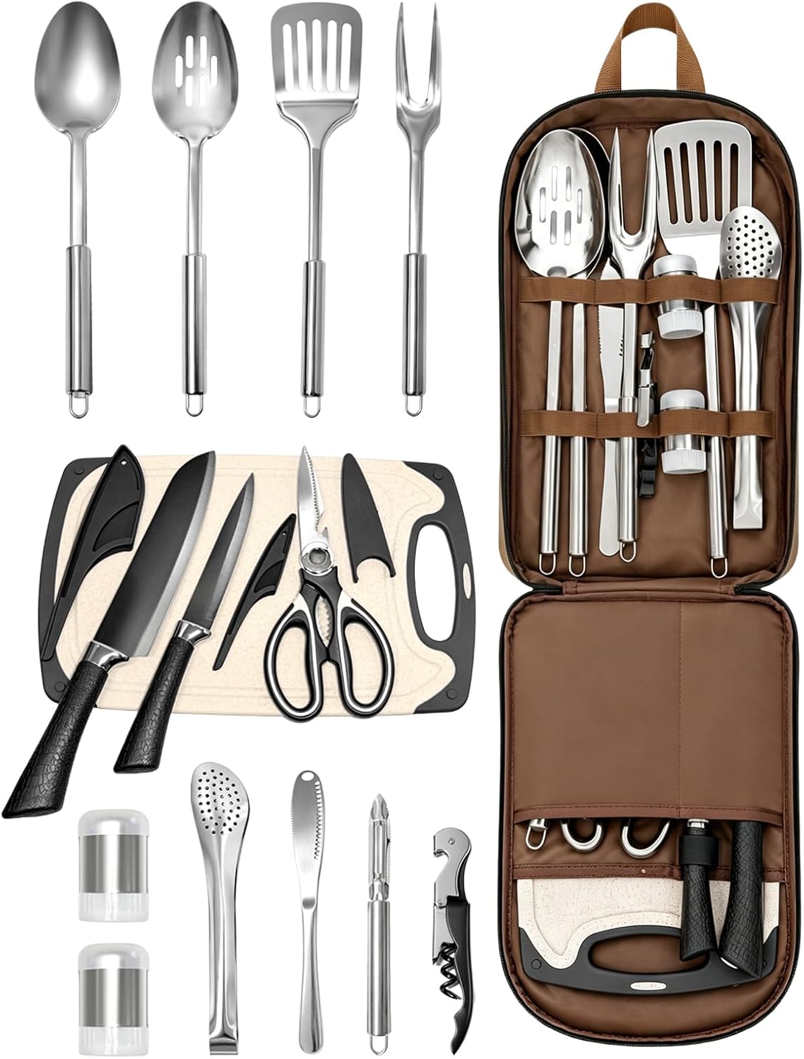 Portable Camping Utensil Set, 15PCS Camping Cookware with Organizer Cooking Kit Stainless Steel Accessories with Knife Fork Spoon RV Essentials Cook Equipment for Picnics BBQs Travel