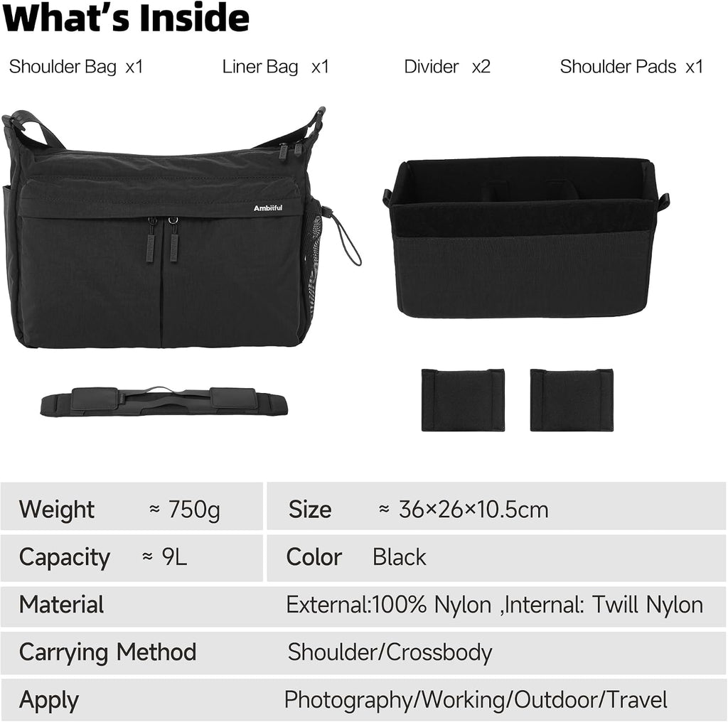AMBITFUL Camera Messenger Bag for Photographers Shoulder bag,9L Black