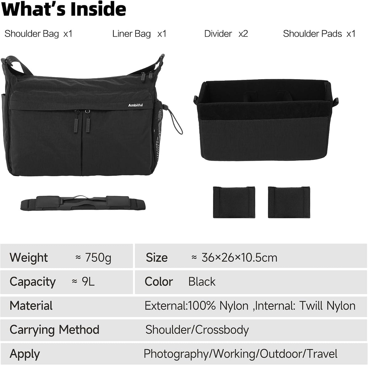 AMBITFUL Camera Messenger Bag for Photographers Shoulder bag,9L Black