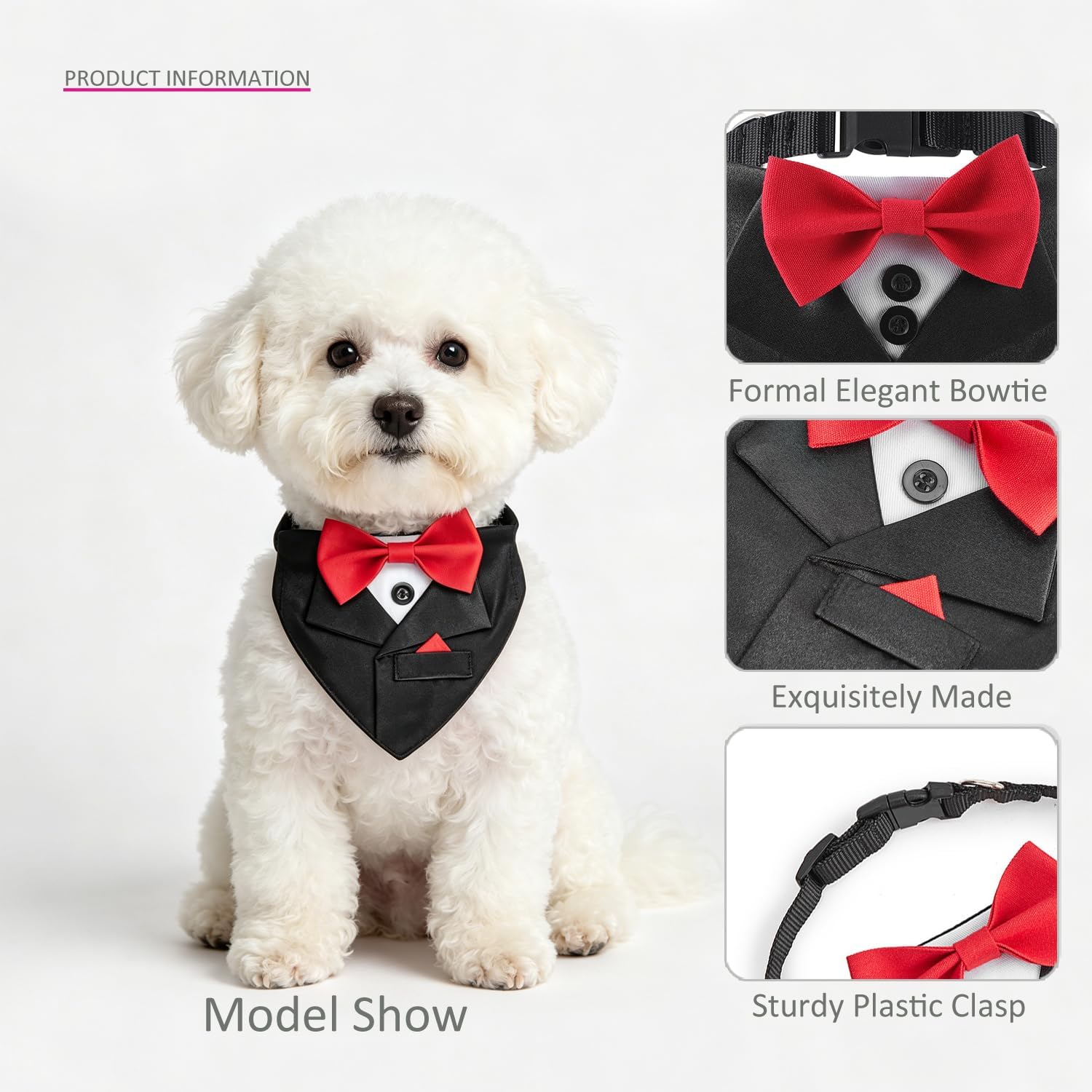 Popular Pet Party Suit Tuxedo Collar, Black Triangle Scarf with Red Bowtie, Handsome Dog Wedding Engagement Bow Tie Bandana (L)