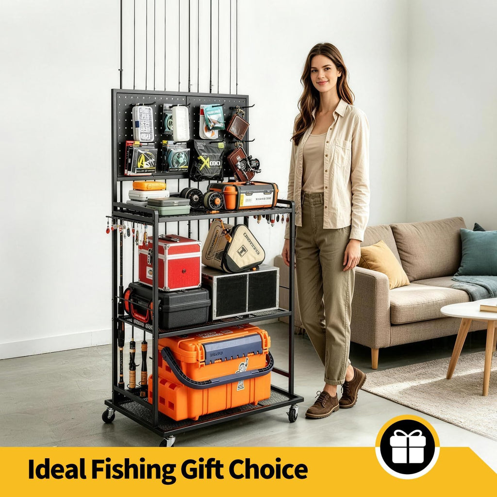 SOYEEZE Fishing Rod Holders for Garage, Fishing Pole Holder Up to 12 Rods with Pegboard and Hooks,Rolling Fishing Cart with Wheels, Fishing Gear Storage For Tackle Box & Reel Organization-4 Side Fence