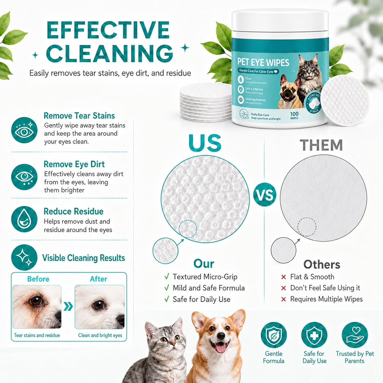 Pets Eye Wipes,Eye Defense Wipes,Tear Stain Remover for Pet,Gentle Textured Eyes Area Wipes with Aloe Vera and Chamomile for Eye Dirt,Daily Cleaning Wipe