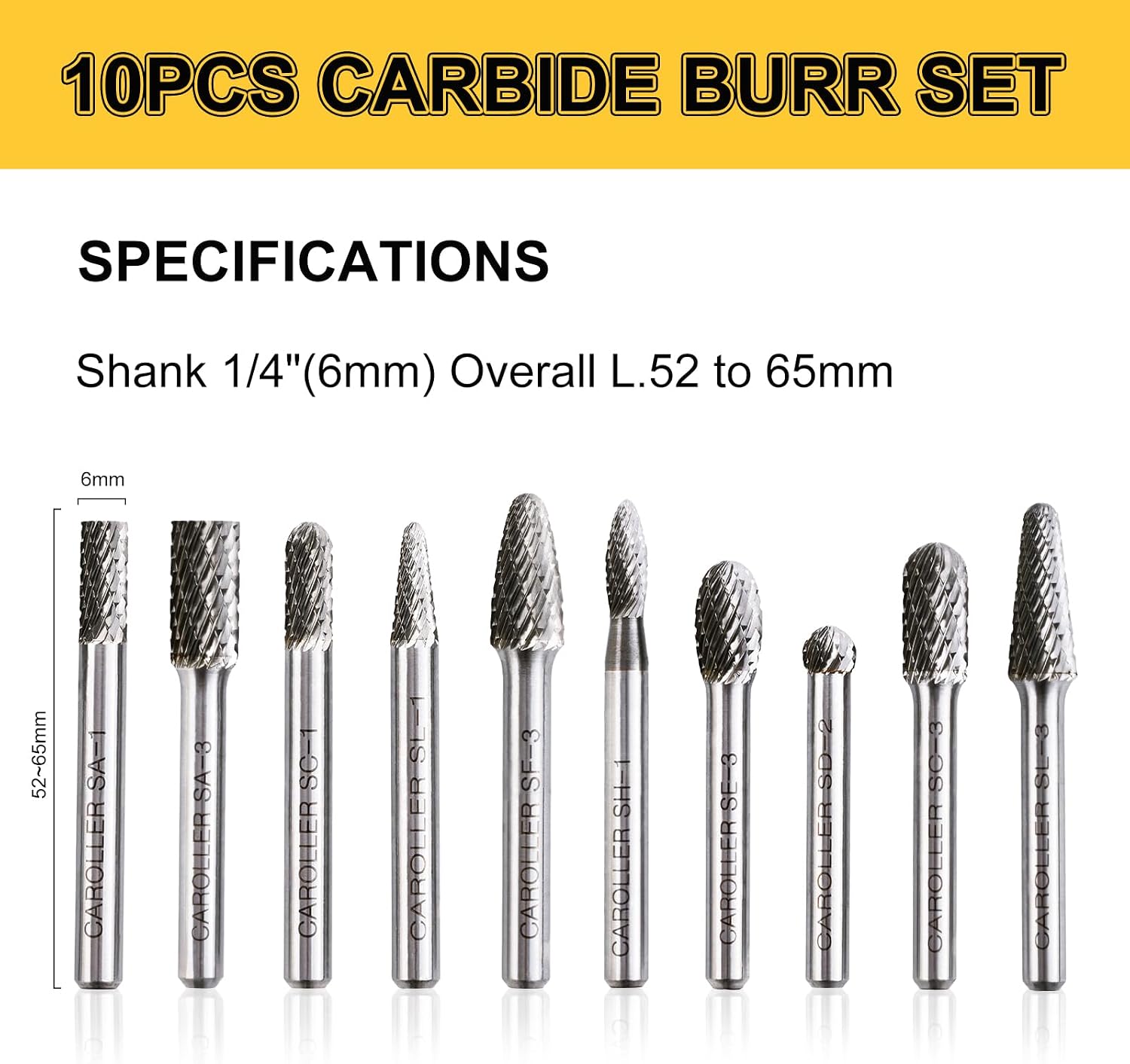 CaRoller Carbide Burr Set,1/4" Shank,10PC Double Cut Die Grinder RotaryTool