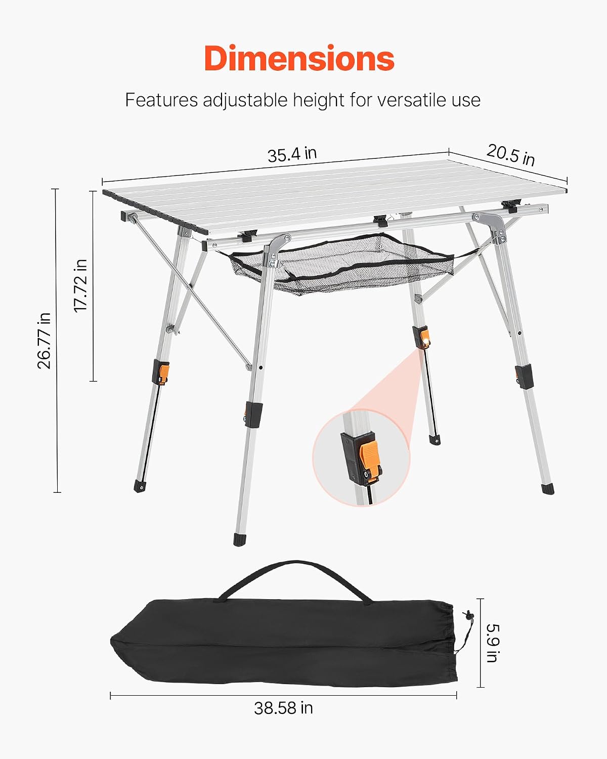 VEVOR Folding Camping Table, Portable Roll Up Side Tables, Lightweight Aluminum Beach Table for Outdoor BBQ Tailgating Picnic, Travel (35 inch-Silver)