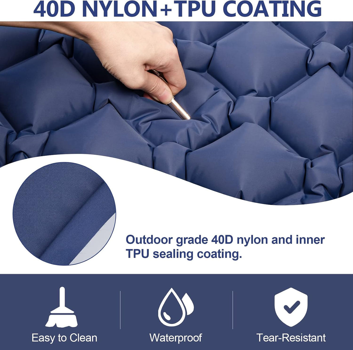 Sleeping Pad, Ultralight 40D Nylon Camping Mat Built-in Pump - Blue