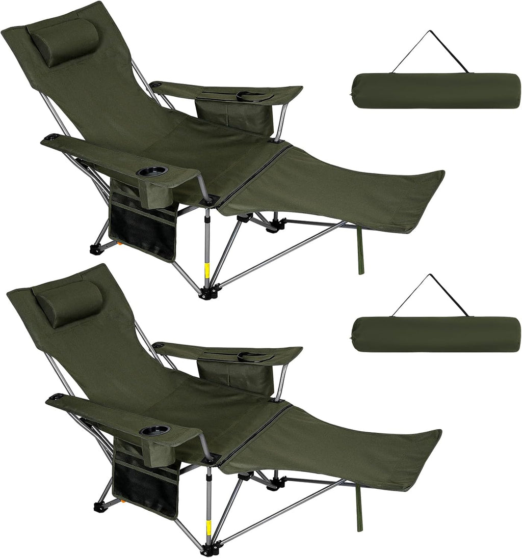 Romswi 2Pack 4-Position Reclining Camping Chair with Removable Footrest, 2-in-1 Adjustable Portable Lounge Chair with Cooler Bag, Cup Holder, Side Pockets & Carry Bag for Outdoor, Olive Green