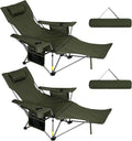 Romswi 2Pack 4-Position Reclining Camping Chair with Removable Footrest, 2-in-1 Adjustable Portable Lounge Chair with Cooler Bag, Cup Holder, Side Pockets & Carry Bag for Outdoor, Olive Green