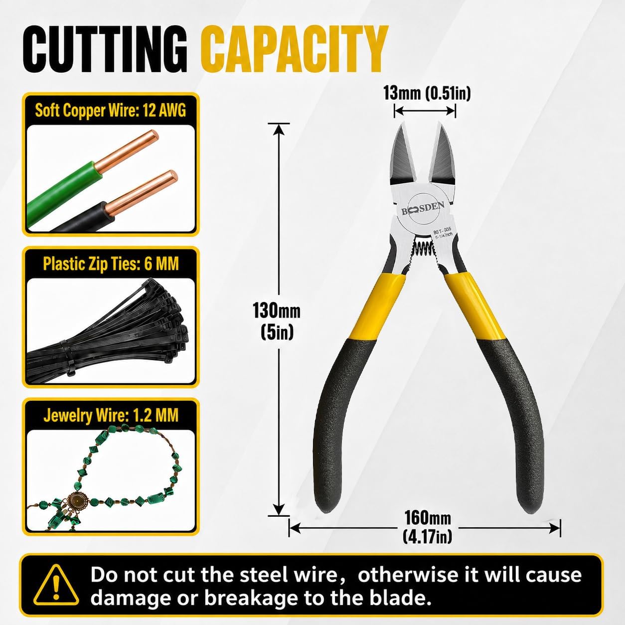 BOOSDEN Wire Cutter 5 inch Cutting Pliers Diagonal Cutter Snipper 5 Pack