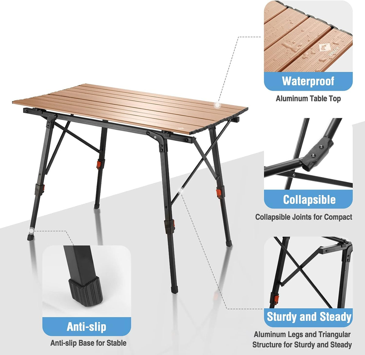 VILLEY Portable Camping Table with Adjustable Legs, Aluminum Folding Table