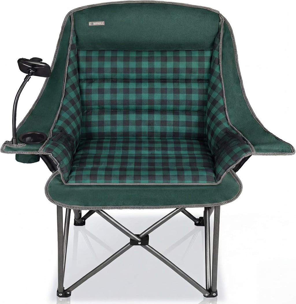 Oversized Camping Chairs for Adults- Heavy Duty Extra Large Lawn Chair,Folding Comfy Padded Camp Chair for Outdoor Sports Garden Beach,Wide&Thick,Black Plaid