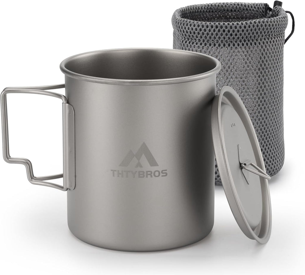 THTYBROS Titanium Cup Ultralight Camping Mug with Foldable Handle & Lid, Pure Titanium Cookware for Outdoor Hiking, Backpacking, Picnic, and Campfire