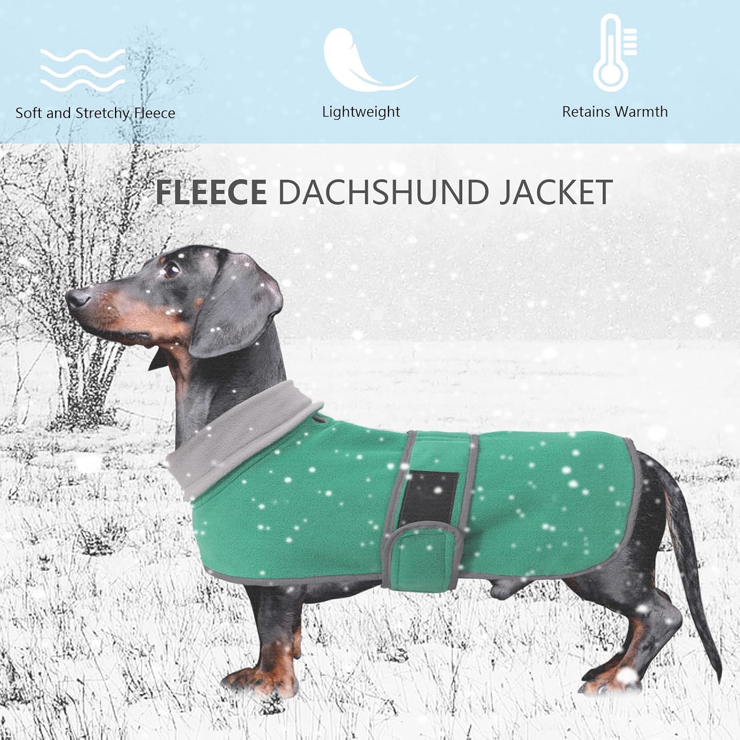 Geyecete Dachshund Sweaters - Dachshund Dog Jacket, Winter Coat with Padded Fleece Lining, High Collar, Adjustable Sizes - Green - M