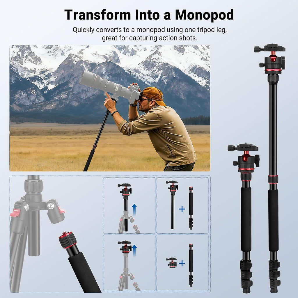NEEWER Basics 72" / 182 cm Travel Tripod Monopod for Camera, Compact Lightweight Portable Video Recording Stand, Arca Type Ball Head, Cell Phone Holder Compatible with iPhone, Max Load 13.2 lb, TP14B