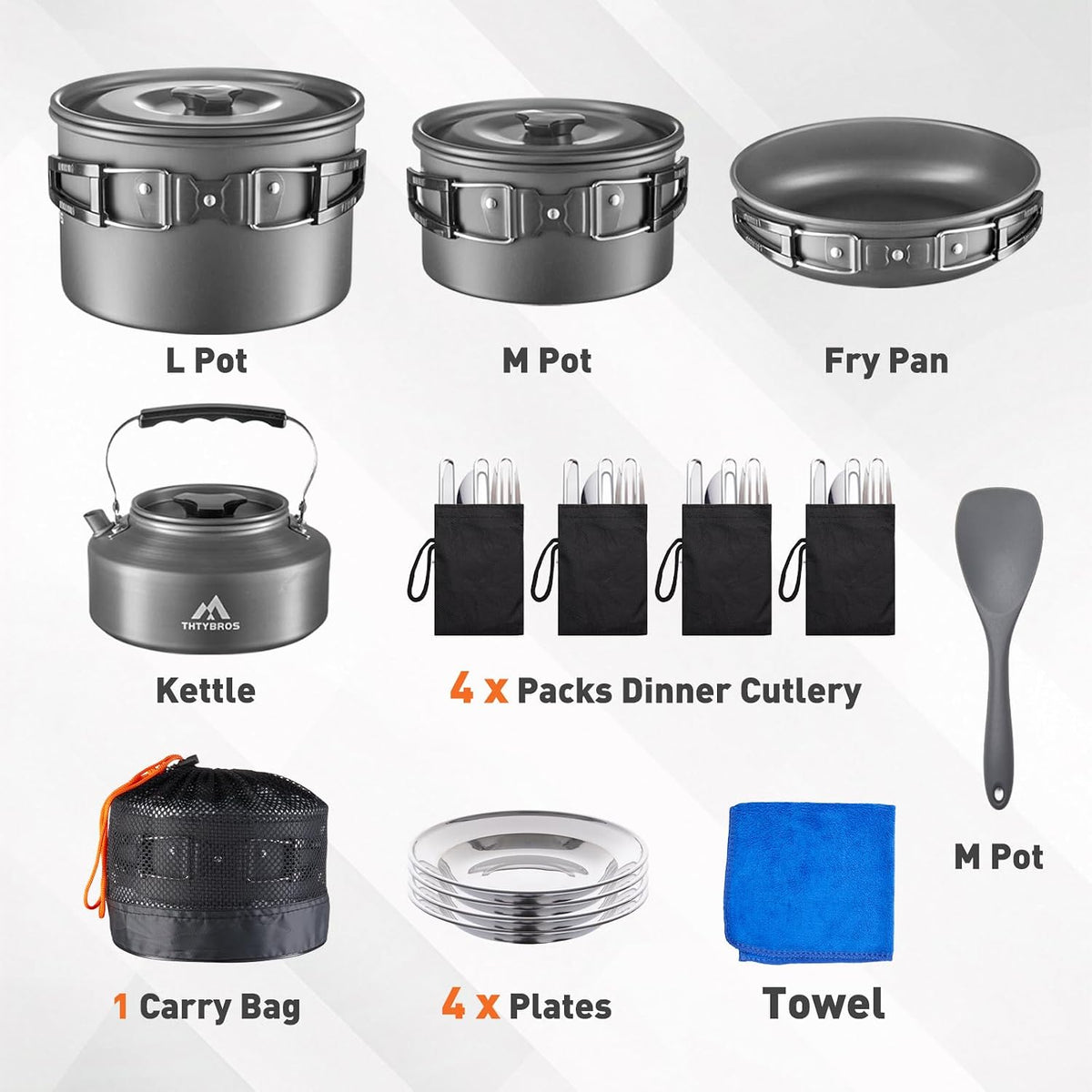 THTYBROS 27pcs Camping Cooking Set for 2-4 People, Portable Cookware Set with Kettle, Pots & Pans, Stainless Steel Utensils, Plates, Dishware for Backpacking, Picnic, Outdoor Adventures