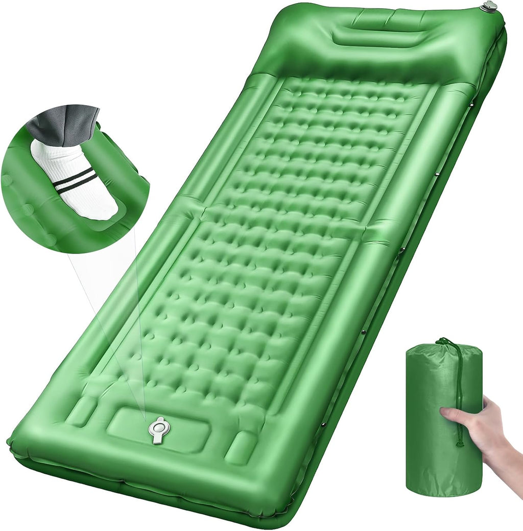 LILTSDRAE Camping Sleeping Pads，Extra Thick 5 Inch Inflatable Sleeping Mat with Pillow Built-in Pump，Oversized Mattress Super Portable Backpacking Sleeping Pad (Green, Single)